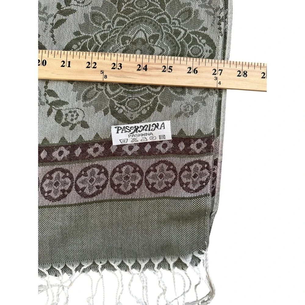 Whimsygoth Boho Pashmina Paisley Shawl Olive Brown Oversized Fringe Scarf 72